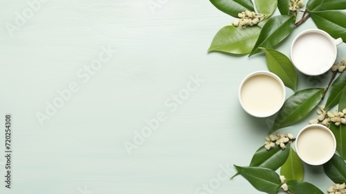 Milk oolong tea, tea leaves, top view, white background, copy space photo