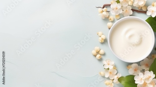 Cup of milk cream, apple blossom, background, top view, copy space