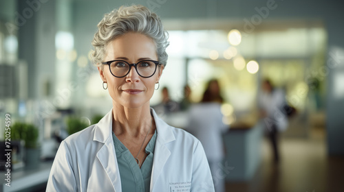 A white-haired female researcher, wearing glasses, wearing a uniform, looks at the camera and smiles.
