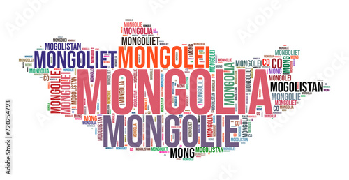 Mongolia country shape word cloud. Typography style country illustration. Mongolia image in text cloud style. Vector illustration.