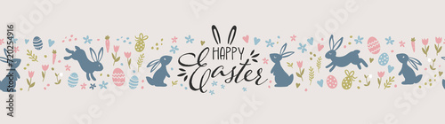 Cute hand drawn Easter seamless pattern with bunnies, flowers, easter eggs, beautiful background, great for Easter Cards, banner, textiles, wallpapers - vector design © TALVA