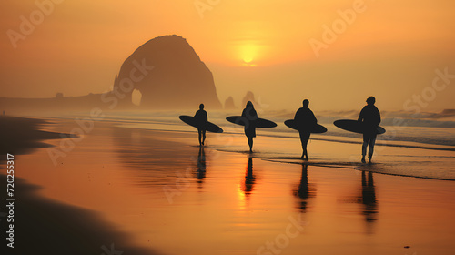 Silhouette Of surfer people carrying their surfboard on sunset beach