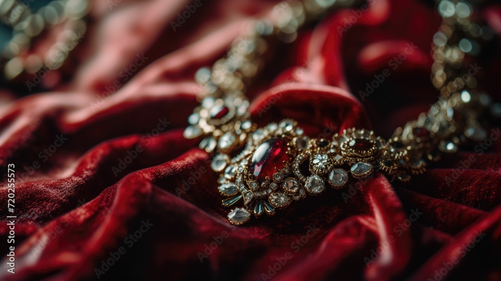 Obraz premium Macro of ornate vintage jewelry on a rich velvet fabric