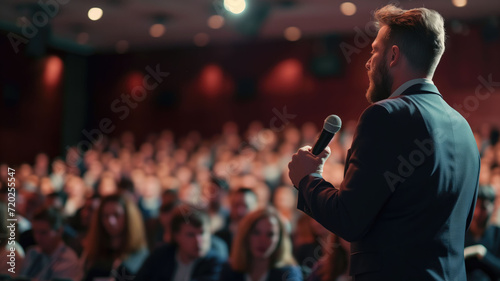 Confident male speaker presenting to an audience at a professional conference