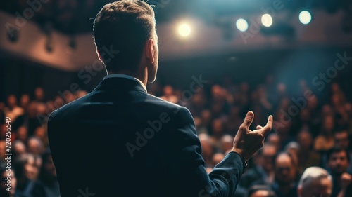 Rear view of a man speaking at a podium to an audience in dim light