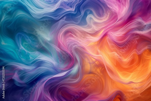 An abstract representation of the impact of meditation and relaxation techniques on the mind. Vibrant swirls of calming colors intertwine, forming a harmonious composition. The environment