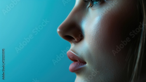 Extreme close-up of a woman's side profile against blue
