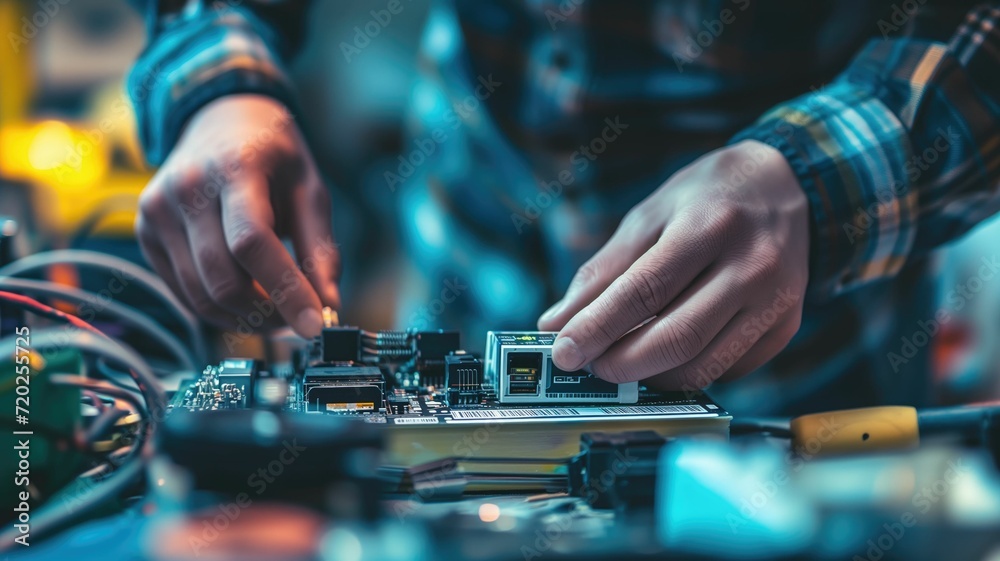 Man works on electronic motherboard in lab Man works on electronic motherboard in lab