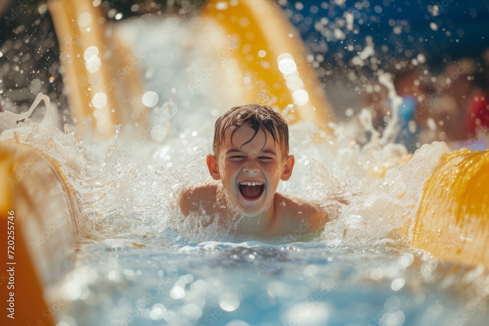 A happy boy in a water park slides down a water slide, water splashes around him