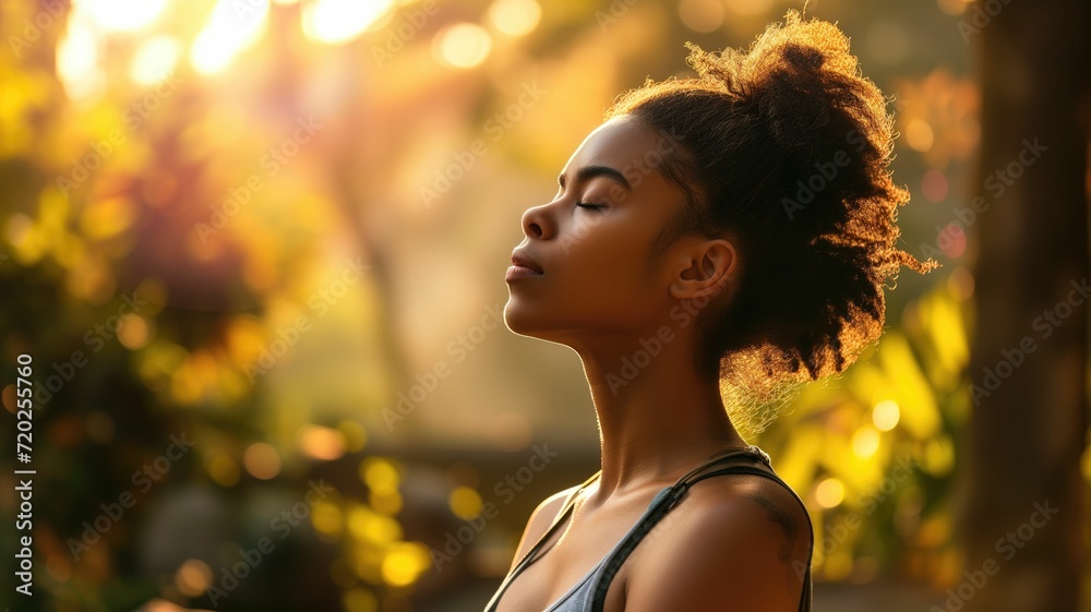 Woman meditating in sunlight, peaceful mindfulness amidst nature Woman meditating in sunlight, peaceful mindfulness amidst nature