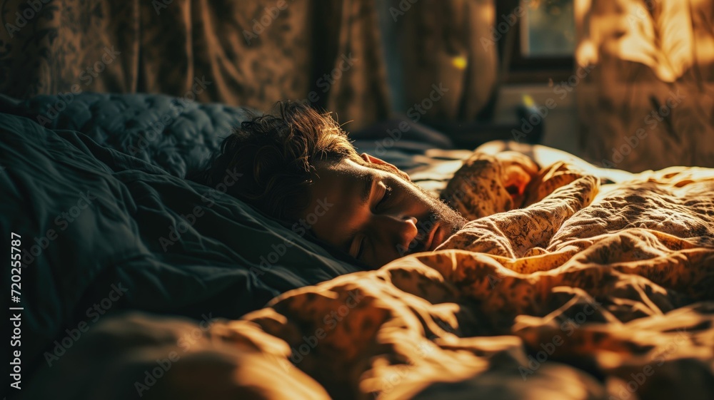 Sunlight gently waking a man in a cozy, rumpled bed