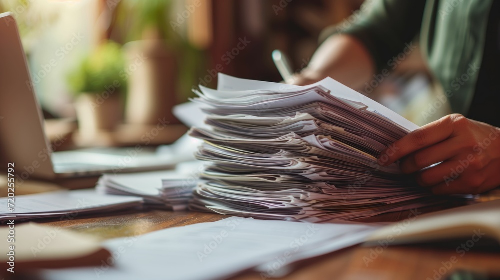 Hand sorting through mountains of paperwork on a desk Hand sorting through mountains of paperwork on a desk
