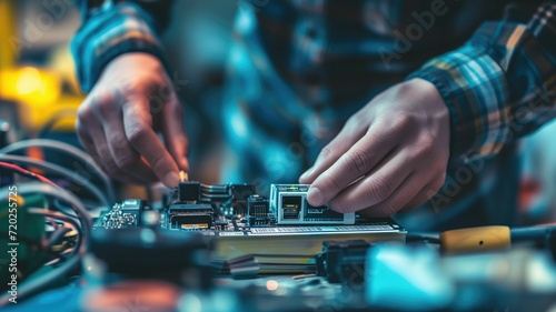 Man works on electronic motherboard in lab