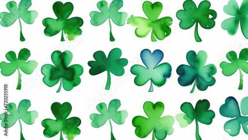 set of different green watercolor clover leaf on white background