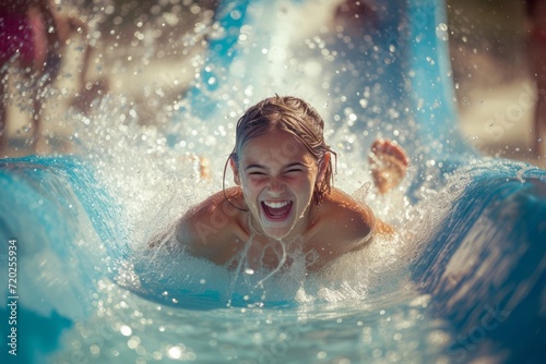 A happy girl in a water park slides down a water slide, water splashes around her