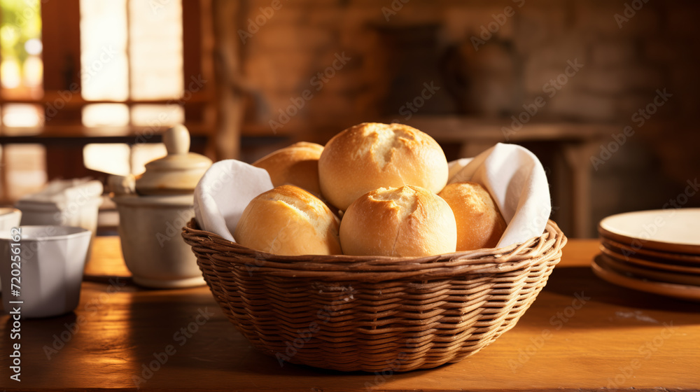 Basket of bread on table. Bread in basket in kitchen on wooden table