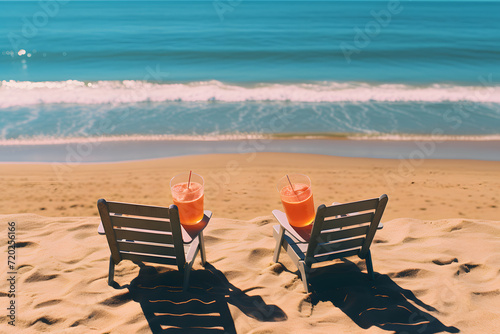 Tropical beach with chaise ...