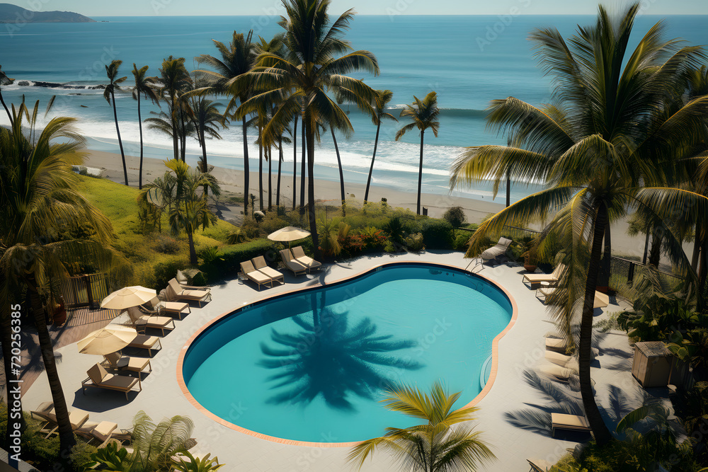 Fototapeta premium Panoramic holiday landscape. Luxurious beach resort hotel and beach chairs or loungers under umbrellas with palm trees, blue sunny sky. Summer island seaside