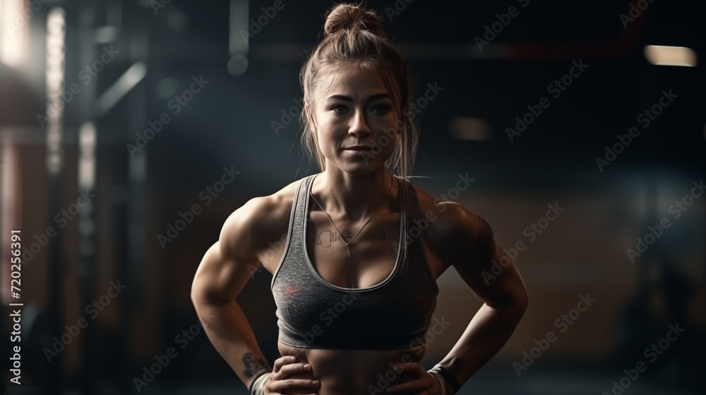 Athletic muscular woman bodybuilder at the gym or fitness studio. Workout for strong and health. - obrazy, fototapety, plakaty 