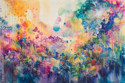A large-scale watercolor mural portraying the principles of happiness. The mural incorporates scenes of daily life, nature, and interpersonal connections, all rendered with vibrant watercolor strokes. photo