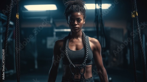 Beautiful athletic muscular strong black woman at the gym. Concept of healthy lifestyle.