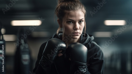 Portrait of a young woman training in boxing in the gym.  © Spyrydon