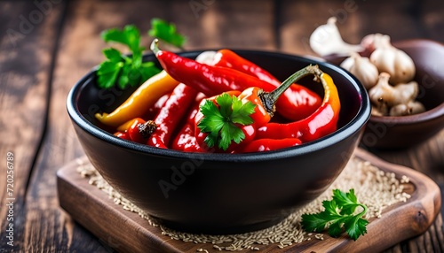 Homemade marinated paprika with garlic, parsley and spices in a black bowl on a wooden background. Grilled pickled peppers. Vegetarian food, Mediterranean cuisine.
