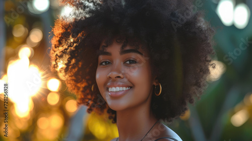 A beautiful African-American girl with a lush hairstyle is laughing