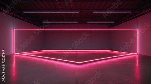 A huge abstract neon sign pointing right in huge empty dark space