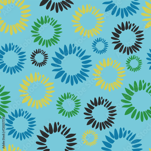 Seamless vector pattern with artistic flower bloom on blue background. Simple floral home decor wallpaper design. Decorative botany fashion textile.
