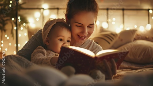 A loving mother is reading a captivating book to her child in their cozy bedroom, creating a delightful bonding experience.