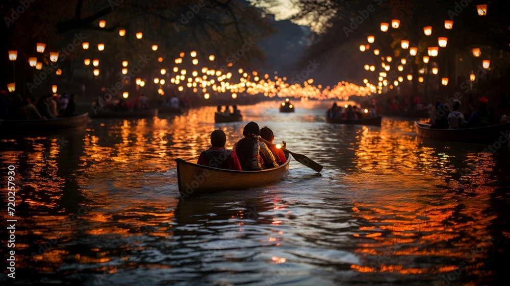 Lantern-lit boat parade on a serene river, a person in a boat on a river looking at the sunset, A Canoe's Silhouette Gliding Along a Serene Lake at Sunset, Encircled by Towering Mountains 