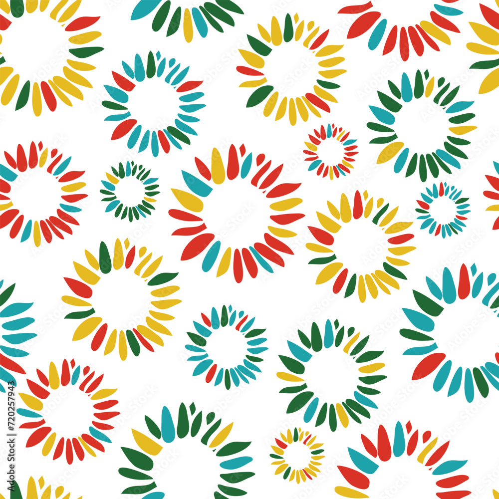 Seamless vector pattern with artistic flower circle on white background. Simple colourful floral wallpaper design. Decorative summer blossom fashion textile. Seamless vector pattern with artistic flower circle on white background. Simple colourful floral wallpaper design. Decorative summer blossom fashion textile.