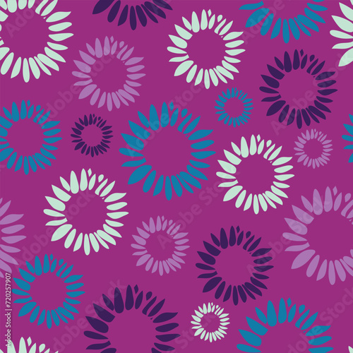 Seamless vector pattern with modern flower circle on purple background. Simple artistic floral wallpaper design. Decorative bright abstract bloom fashion textile.