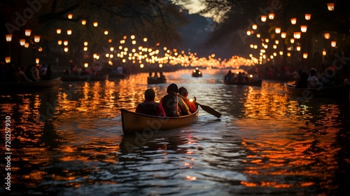 Lantern-lit boat parade on a serene river, a person in a boat on a river looking at the sunset, A Canoe's Silhouette Gliding Along a Serene Lake at Sunset, Encircled by Towering Mountains 