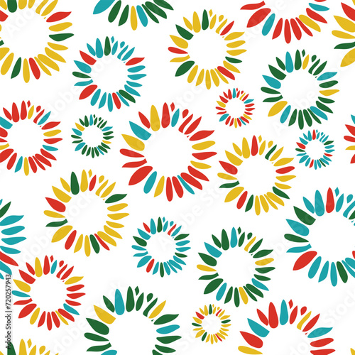 Seamless vector pattern with artistic flower circle on white background. Simple colourful floral wallpaper design. Decorative summer blossom fashion textile.