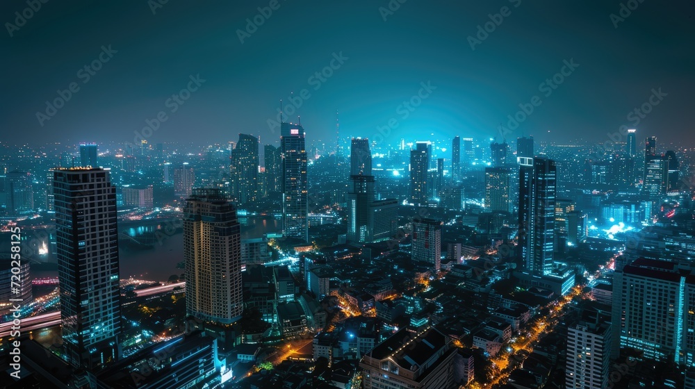 A breathtaking view of a vibrant modern city illuminated by the dazzling lights of the night.