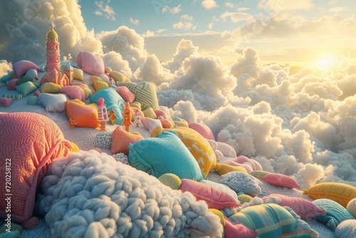 Breathtaking photorealistic capture of magical world where city made entirely of soft plush pillows and cushions sprawls across landscape intricate details of each pillow structure vibrant colors whim photo