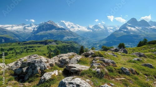 A breathtaking alpine vista with snowy peaks and a vast expanse of pristine white.