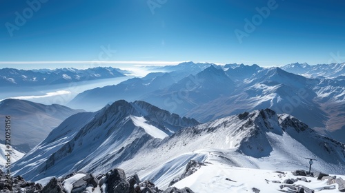 A breathtaking alpine vista with snowy peaks and a vast expanse of pristine white. © stocker