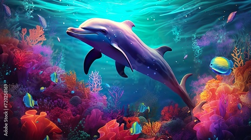 group of dolphins in colorful underwater AI genera © Yzid ART