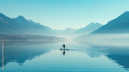 A peaceful paddleboarding session on a serene lake with clear reflections of the surrounding nature.