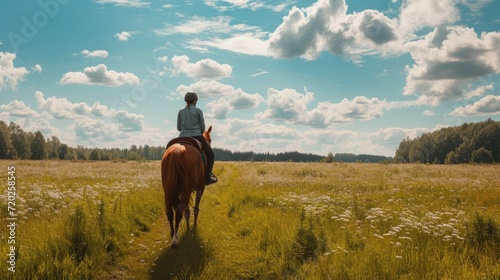 A rider enjoys the serene beauty of the countryside on horseback. © stocker