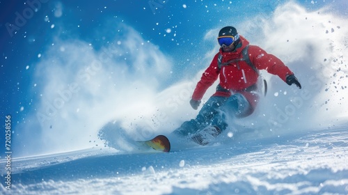 A thrilling snowboarding action shot capturing a snow spray in the air.