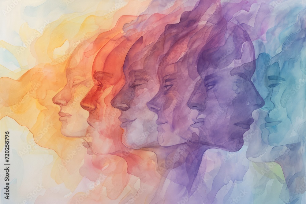 A delicate watercolor painting symbolizing the growth of emotional intelligence for more harmonious relationships. Imagery includes interconnected individuals with diverse emotions, portrayed