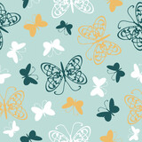 Seamless vector pattern with butterflies on blue background. Simple happy summer wallpaper design. Decorative cute baby fashion textile.
