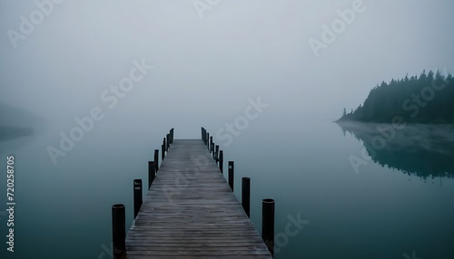 morning on the lake, The quiet pondside pier Mountains and fog covered