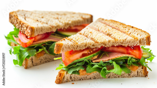 A sandwich cut on a white surface