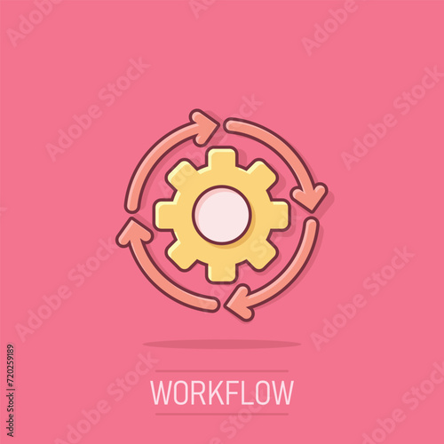 Workflow icon in comic style. Gear effective cartoon vector illustration on isolated background. Process organization splash effect business concept.