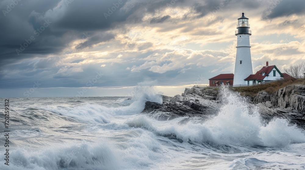 Serene lighthouse standing tall amidst crashing ocean waves.
